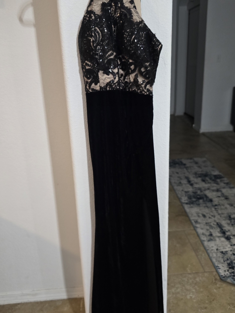 Elegant Black and Nude Lace Evening Gown
